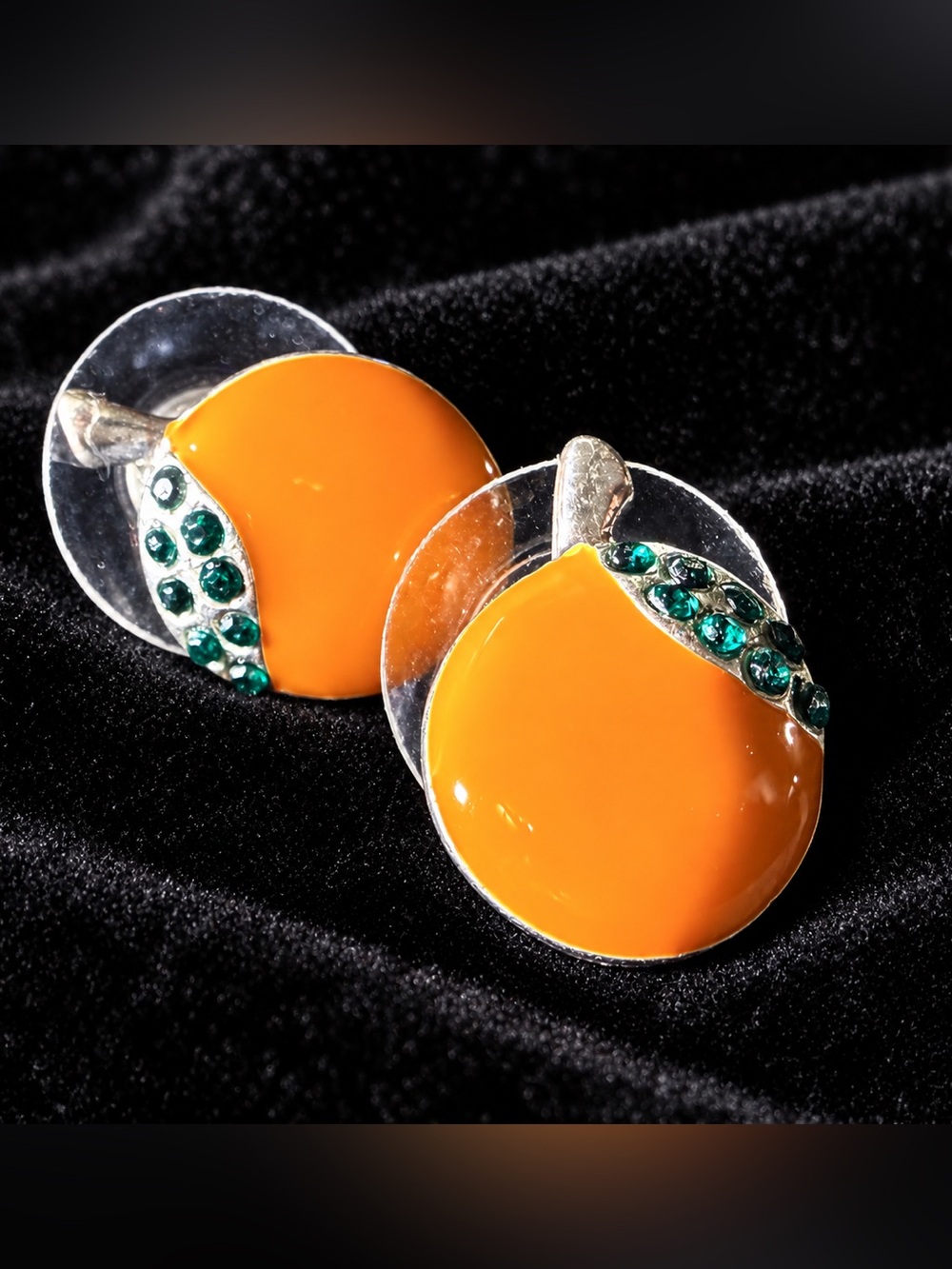 Orange Earrings with Green Rhinestone Leaves Post Style